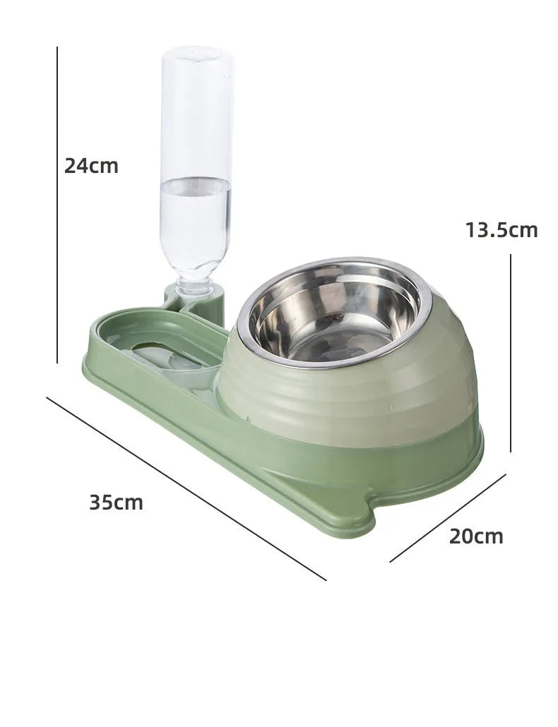 Brown automatic cat water dispenser and elevated food bowl set on a floor.
