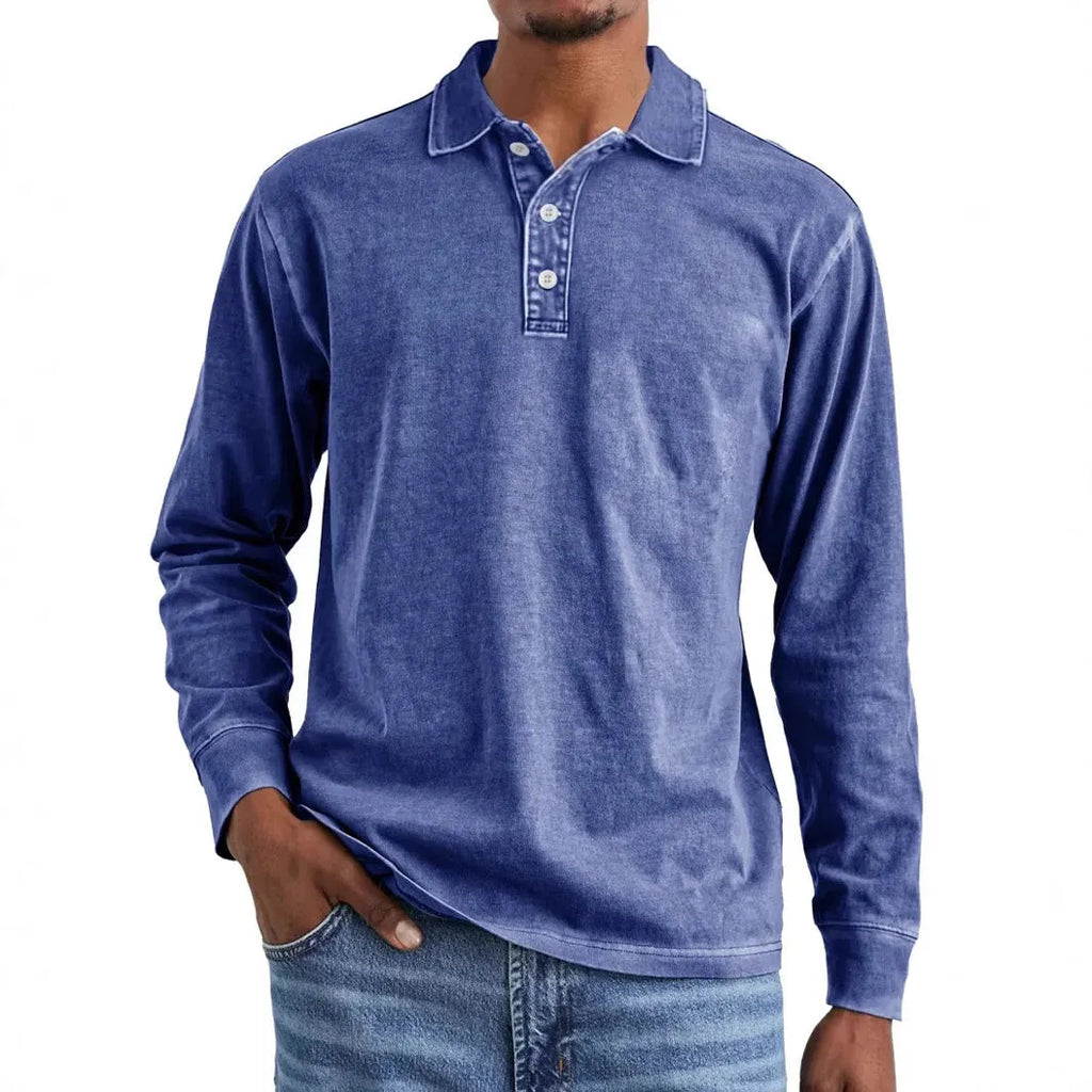 Men's retro washed distressed pure cotton lapel long sleeve polo shirt on a hanger