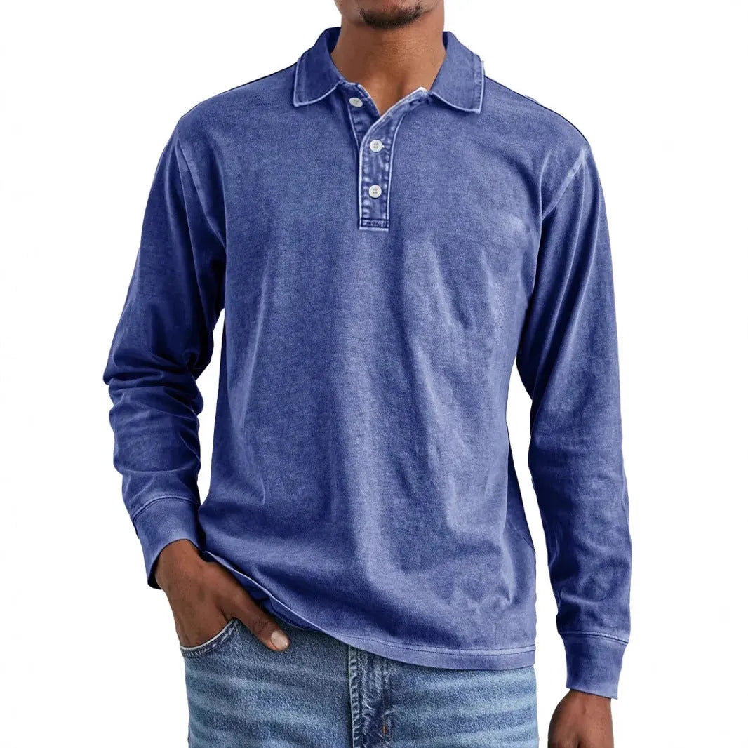 Men's retro washed distressed pure cotton lapel long sleeve polo shirt on a hanger