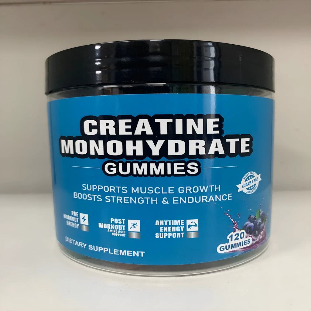 Bottle of raspberry flavoured creatine monohydrate gummy supplements with 120 count