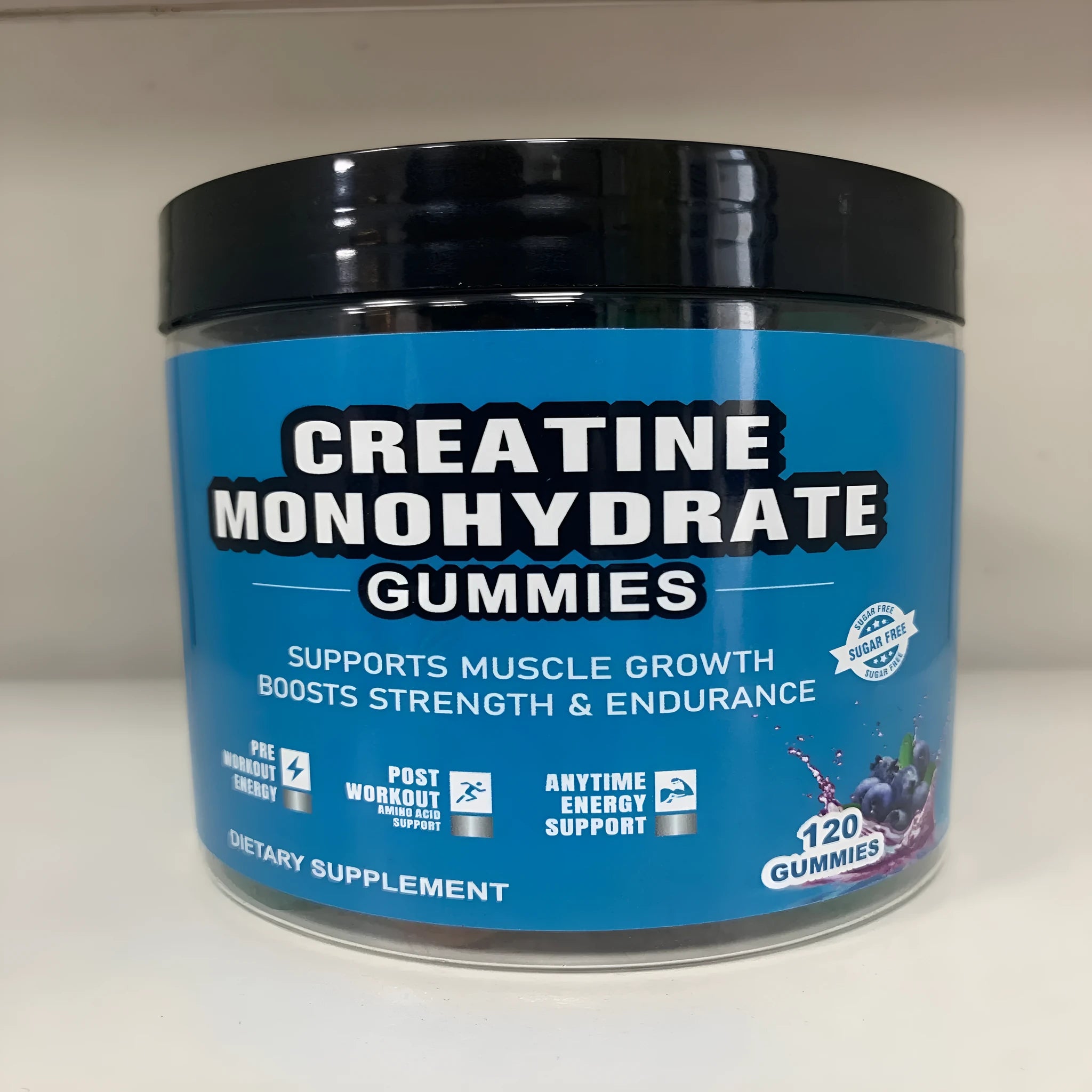 Bottle of raspberry flavoured creatine monohydrate gummy supplements with 120 count
