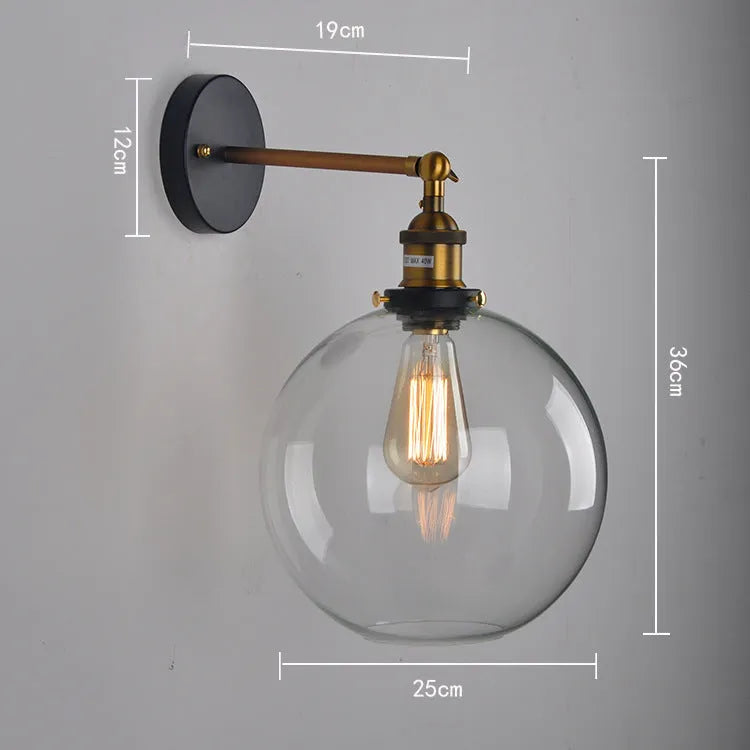 20cm diameter retro spherical glass wall lamp in amber, smoky grey, or transparent with aluminium holder.