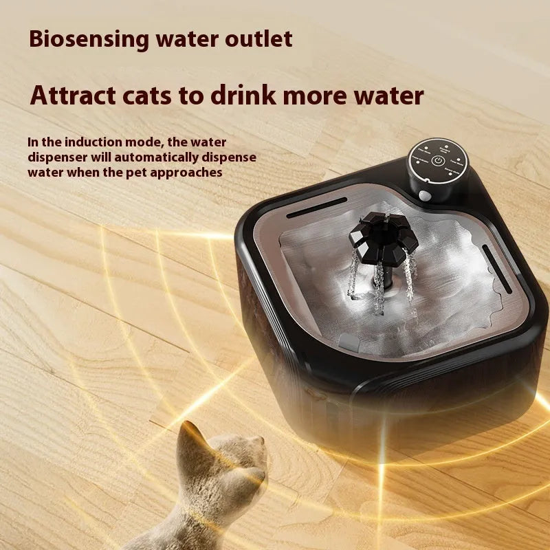 Stainless steel automatic pet water dispenser with wireless induction water outlet, available in white, black, or transparent