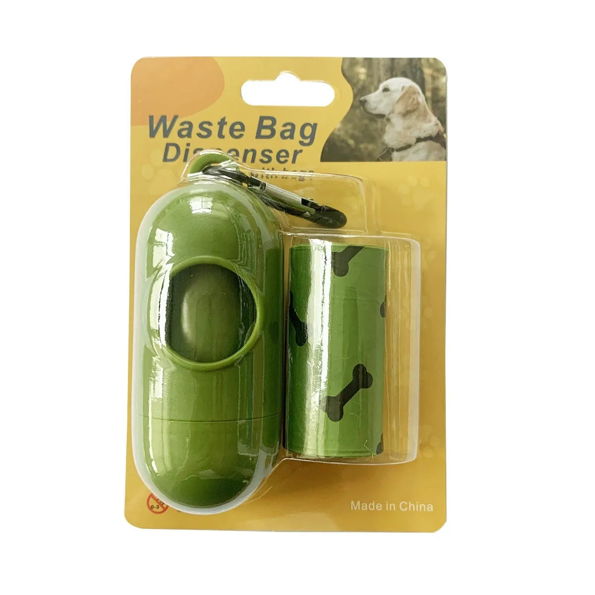 Roll of military green degradable dog poop bags with black bone print, showing bag size of 23x33cm.