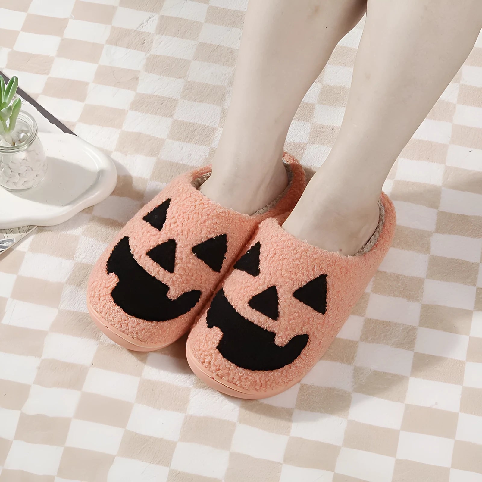 Halloween pumpkin cartoon thermal winter cotton slippers with suede upper, non-slip TPR sole, available in black and watermelon red
