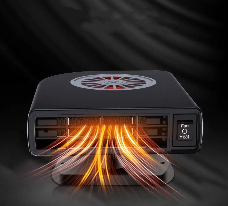 Black compact vehicle-mounted heater for car defrosting and air purification on a dashboard.