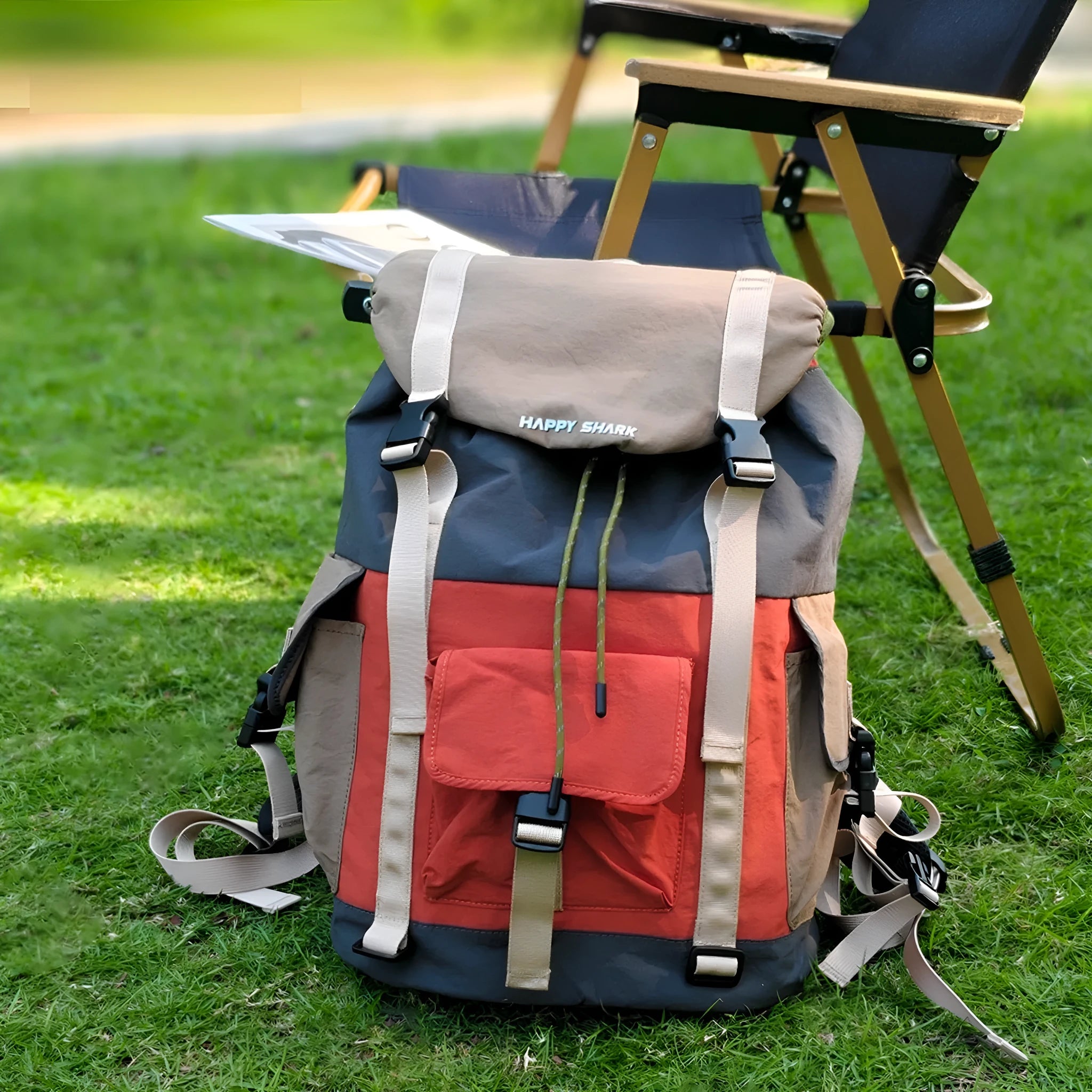 Orange green contrast colour outdoor backpack with multiple compartments and air cushion belt system.