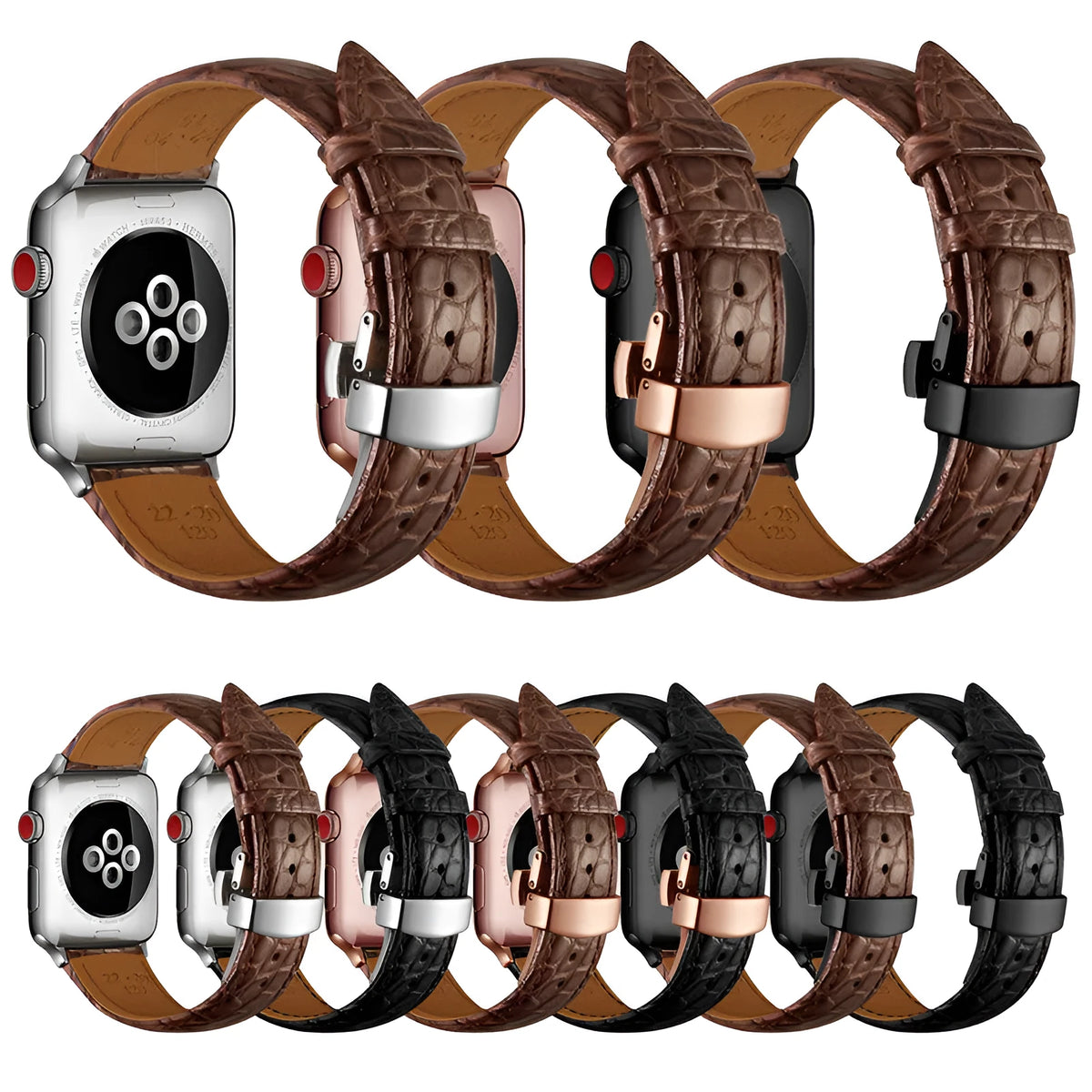 Genuine crocodile skin watch strap in brown with rose gold buckle, 42-44mm width, on a wooden surface
