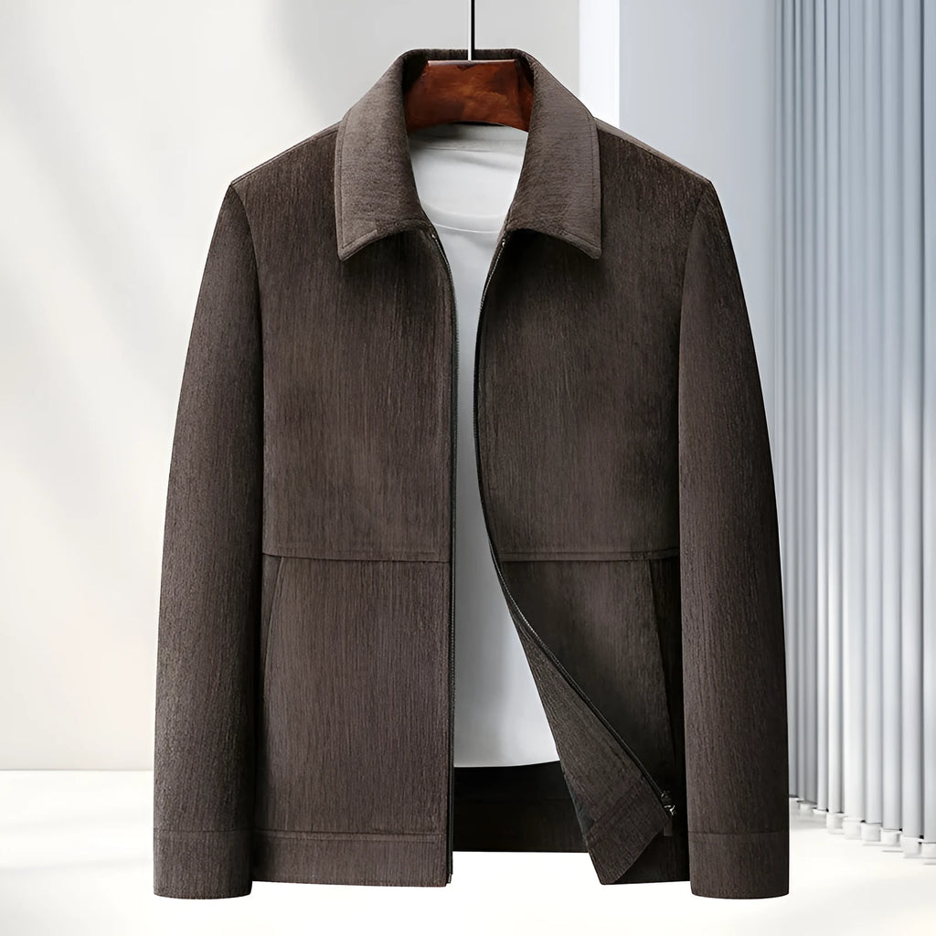 Men's slim fit casual jacket in dark blue, shown on a model, featuring a classic collar and no hood.
