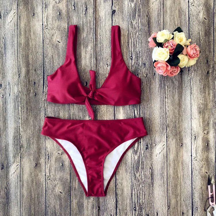 Women's solid colour bikini set in polyester, shown in one of five colour options.