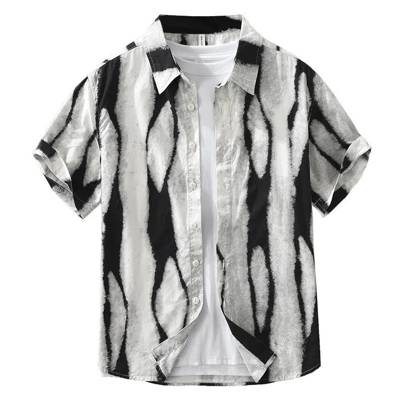 Retro striped short sleeve cotton shirt in loose cardigan fit, shown in black colour.