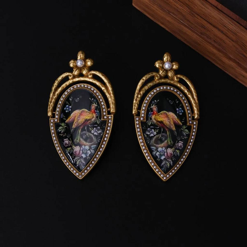 Vintage peacock oil earrings, 18K gold plated copper alloy with enamel painted peacock design, ear drops 6.3 x 3.3cm