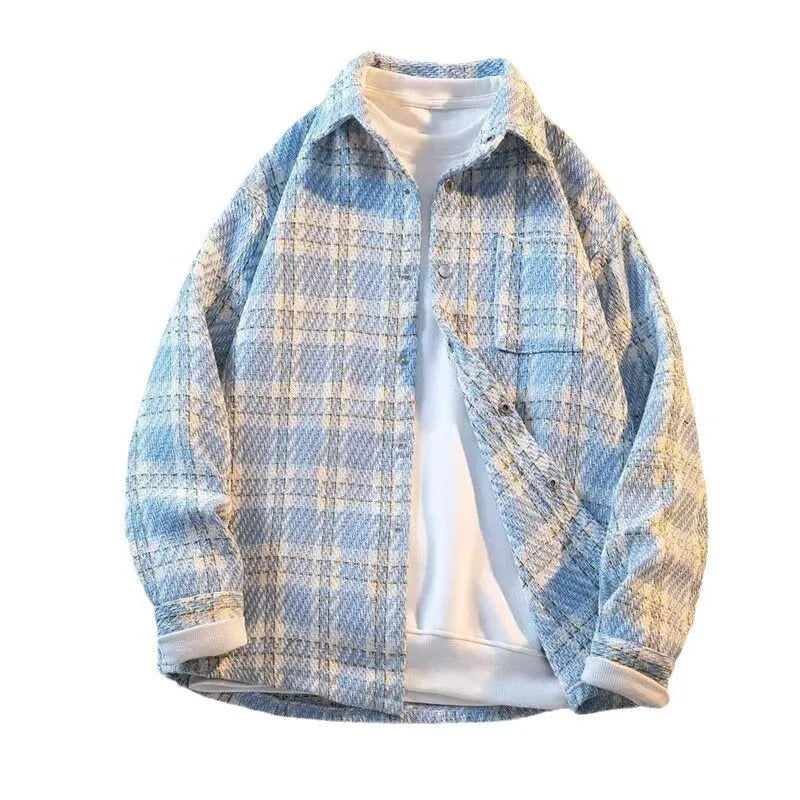 Casual all-matching plaid shirt jacket in light blue with loose fit, woolen fabric, and polyester lining, size M-3XL