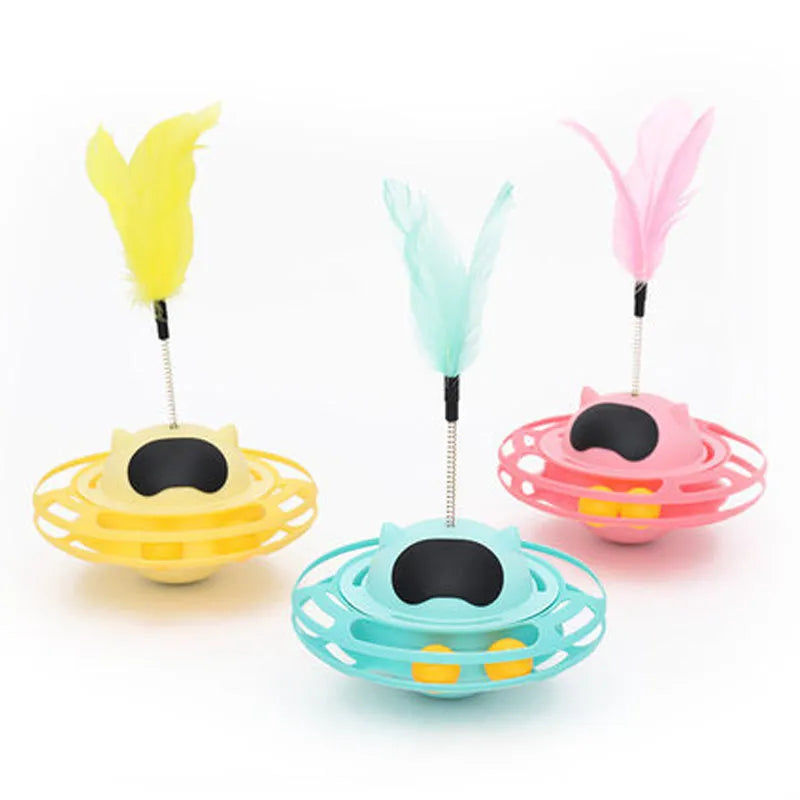 Pink cat tumbler turntable toy with stick attachment measuring 17cm by 10cm