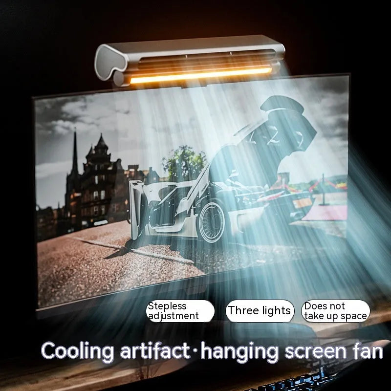 Black USB-powered bladeless fan with a screen clamp and integrated eye-protection lamp for computer desks.