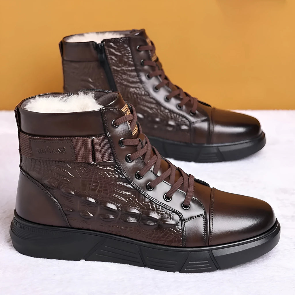 Leather snow boots with fur lining, rubber soles, and lace-up front in black or brown with velvet detailing