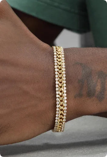 Gold tennis bracelet with titanium steel construction and artificial gemstone inlay for unisex hip hop styling