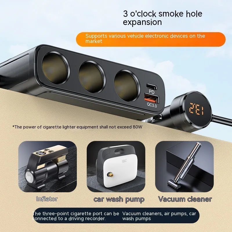 Black vehicle cigarette lighter USB charger with multiple ports showing dimensions 116mm x 71mm x 33mm