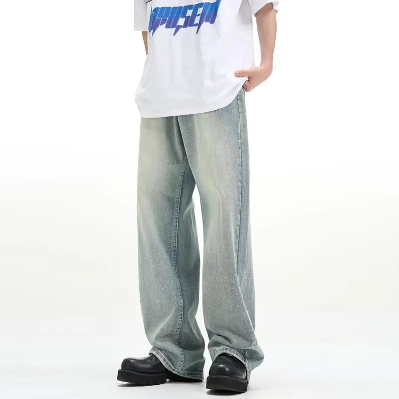 Blue loose-fit retro casual trousers with rabbit fur fabric and an elasticated waist.