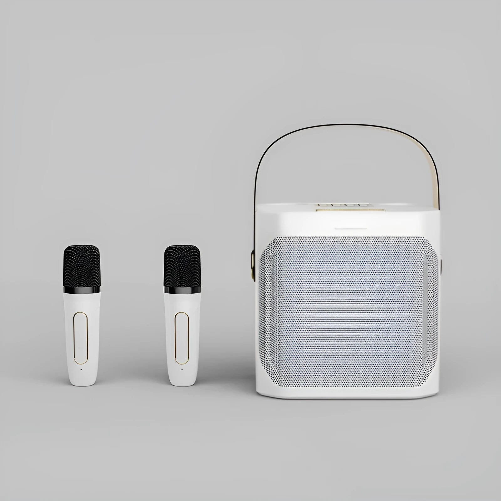 Dual stereo portable karaoke speaker system with two wireless microphones in black