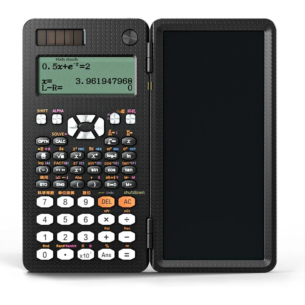 2-in-1 foldable scientific calculator with handwriting tablet in black ABS, showing LCD notepad and calculator keys