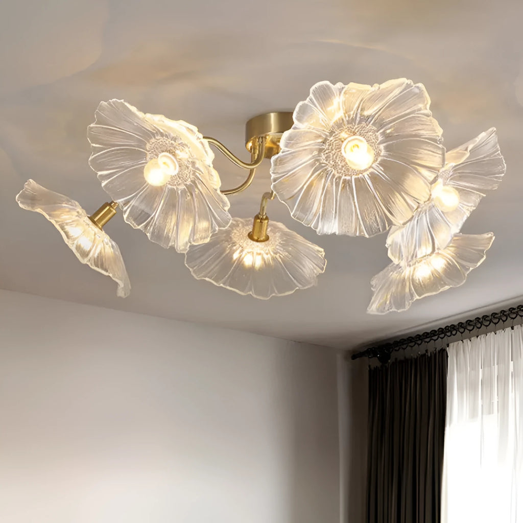 Modern creative ceiling chandelier with five white flower heads and warm lighting.