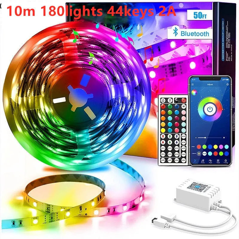Roll of 5050 RGB LED strip light with Bluetooth remote and power adapter on a white background.