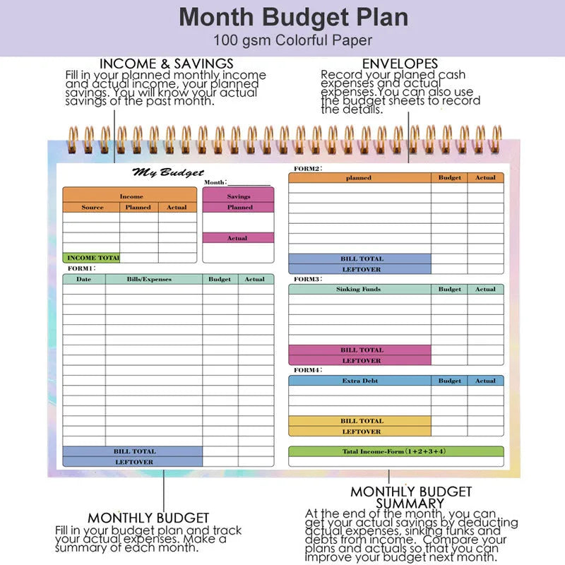 Blue B5 budget tally book with spiral binding, shown open on a table.