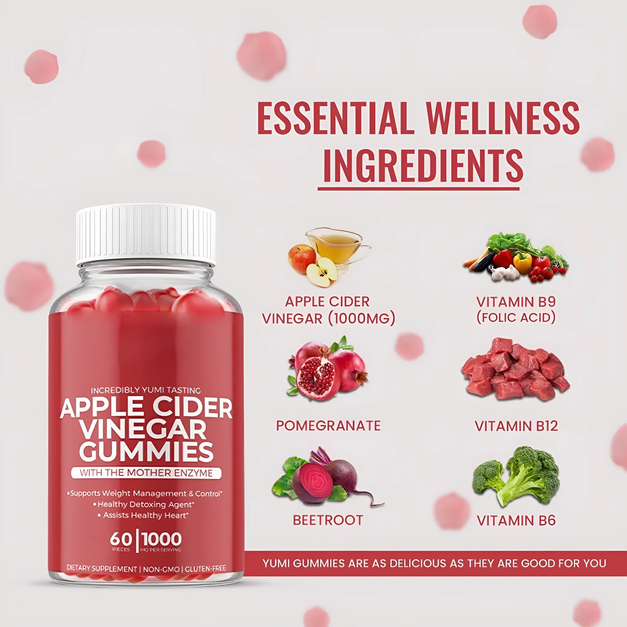 Bottle of 60 apple cider vinegar gummy supplements for adults