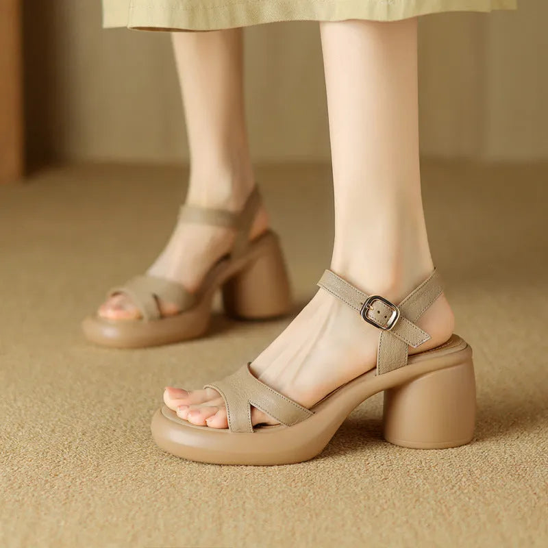 Women's open toe platform sandals in apricot colour showing round toe holder and 4.5cm rubber sole.