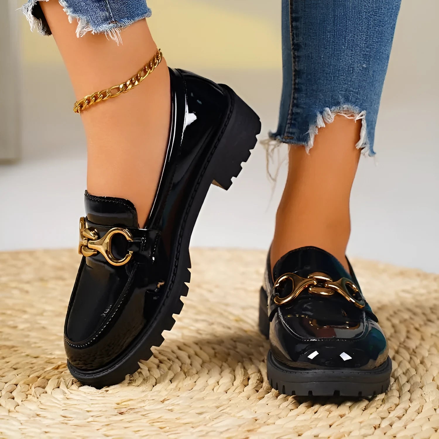 Chunky heel round toe pumps in black with metal accent, thick sole, PU upper and rubber sole