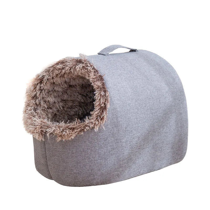 Grey fleece-lined closed cat sleeping bag nest measuring 50x40x34cm