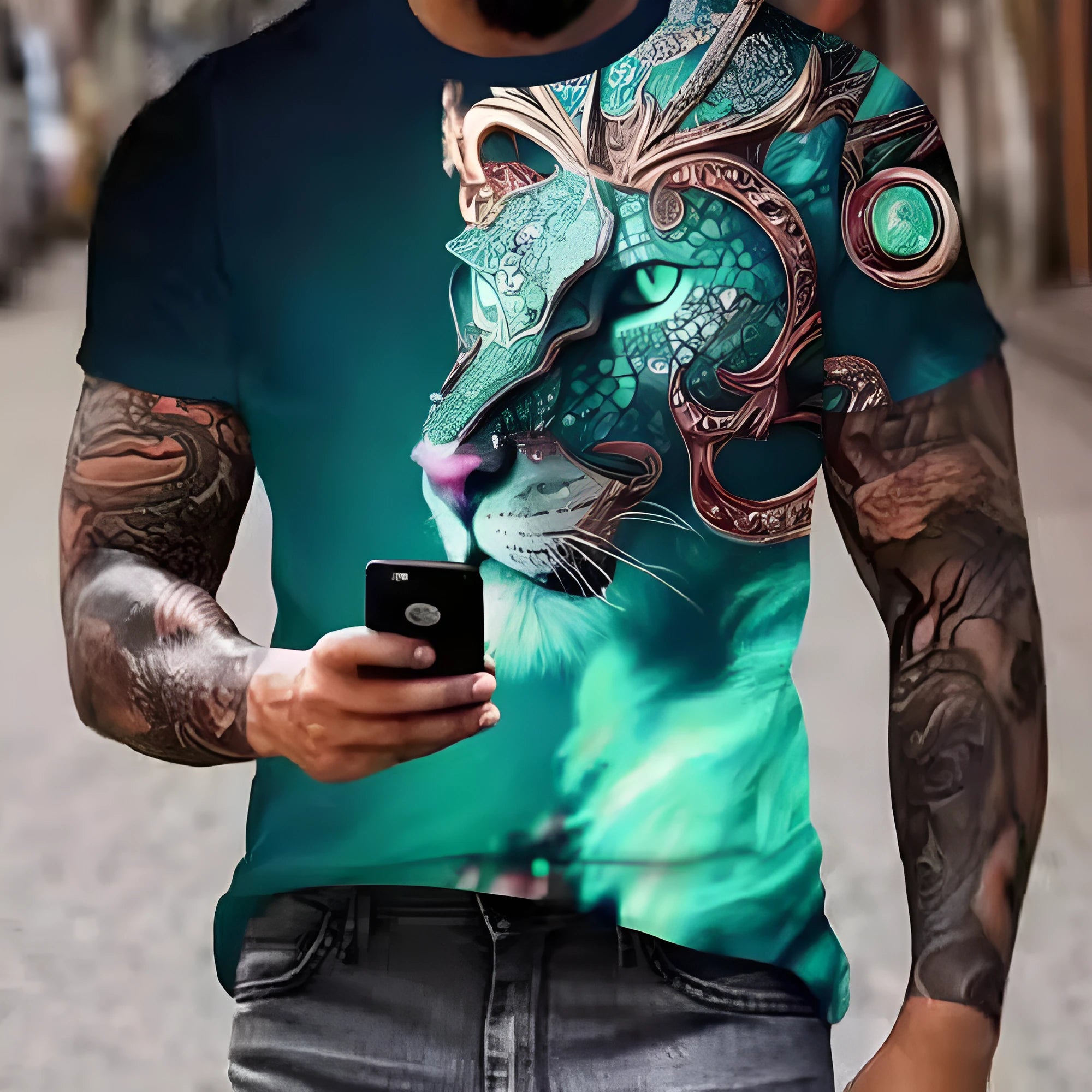 Men's fierce lion 3D printed T-shirt in polyester fabric with extended sizing options