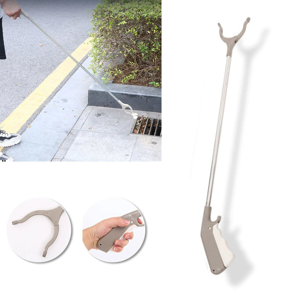Stainless steel garbage picker with extended 40cm arm and plastic handle.
