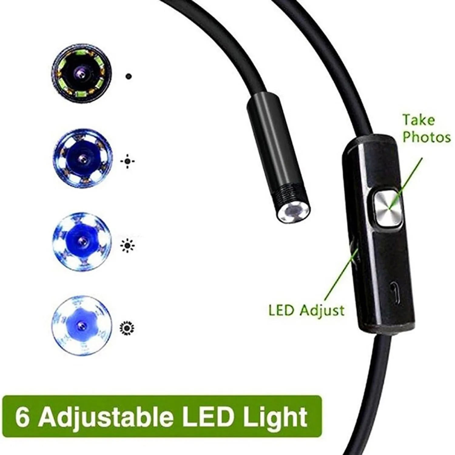 USB-C endoscope with camera head, flexible cable, and hook, magnet, and mirror attachments on a table.