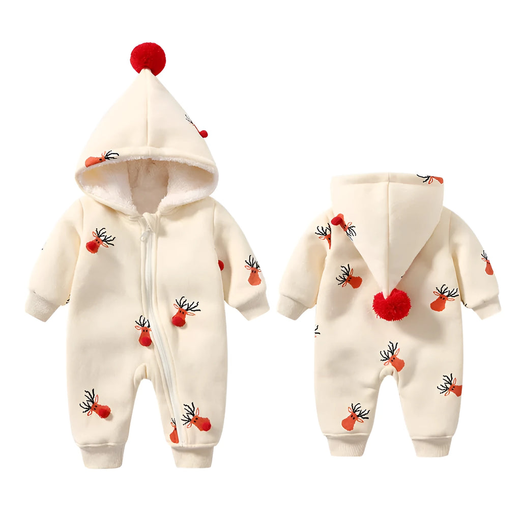 Khaki coloured padded baby one-piece suit with a Christmas moose print, shown on a hanger.