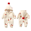 Khaki coloured padded baby one-piece suit with a Christmas moose print, shown on a hanger.