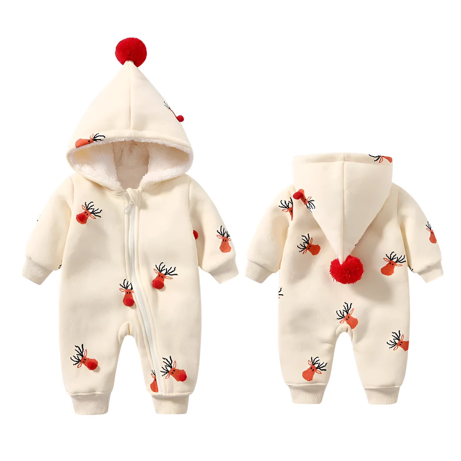 Khaki coloured padded baby one-piece suit with a Christmas moose print, shown on a hanger.