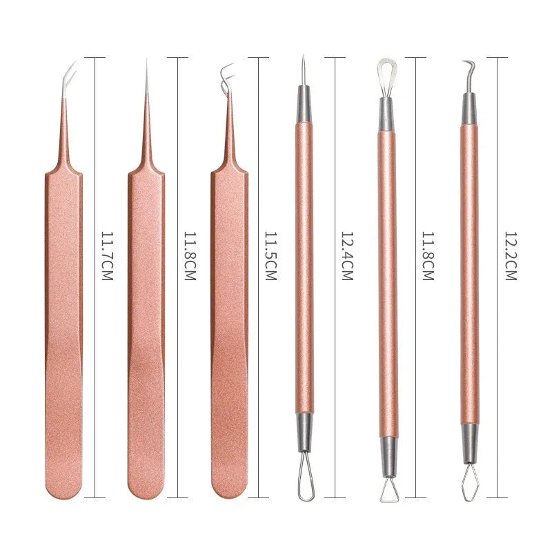 Six rose gold stainless steel acne remover pimple pins on a clean surface.