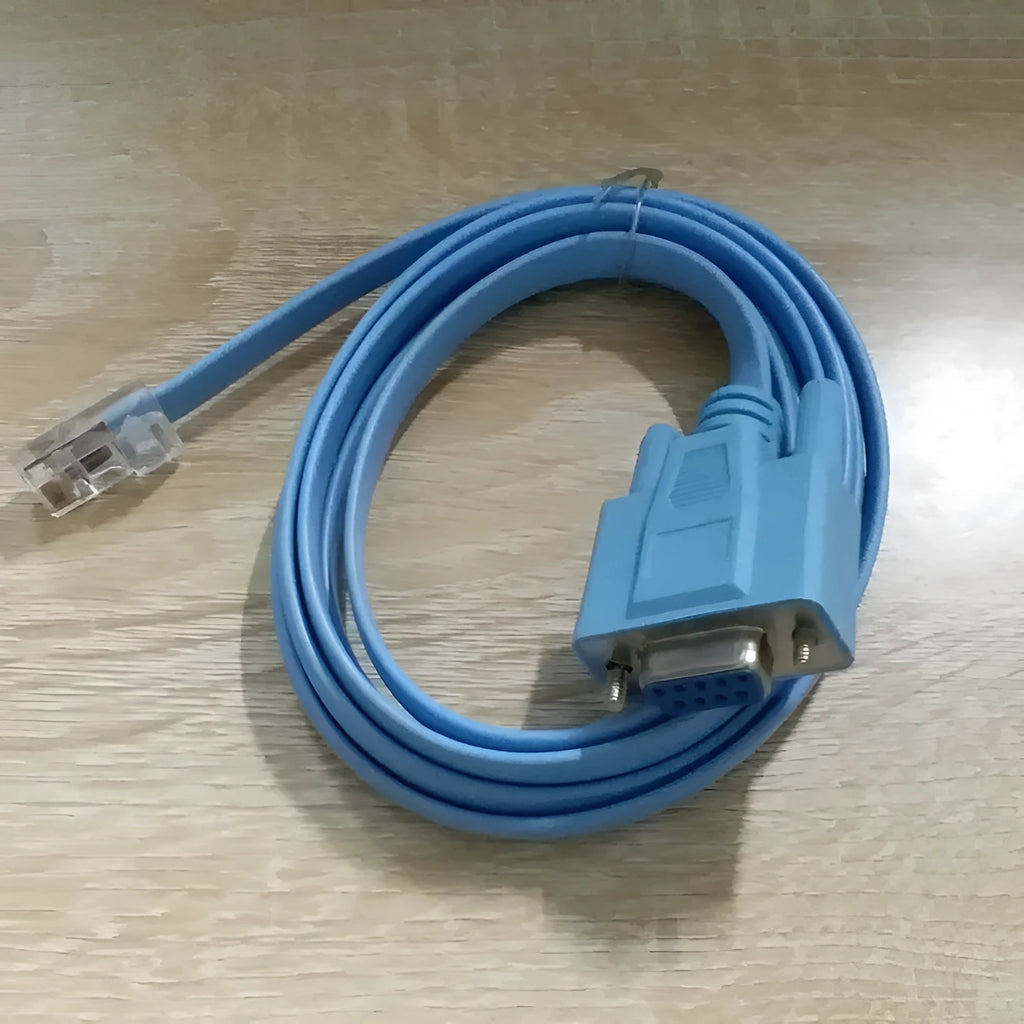 Sky-blue flat RJ45 to DB9 serial console cable with copper conductors, 1.5 metres long