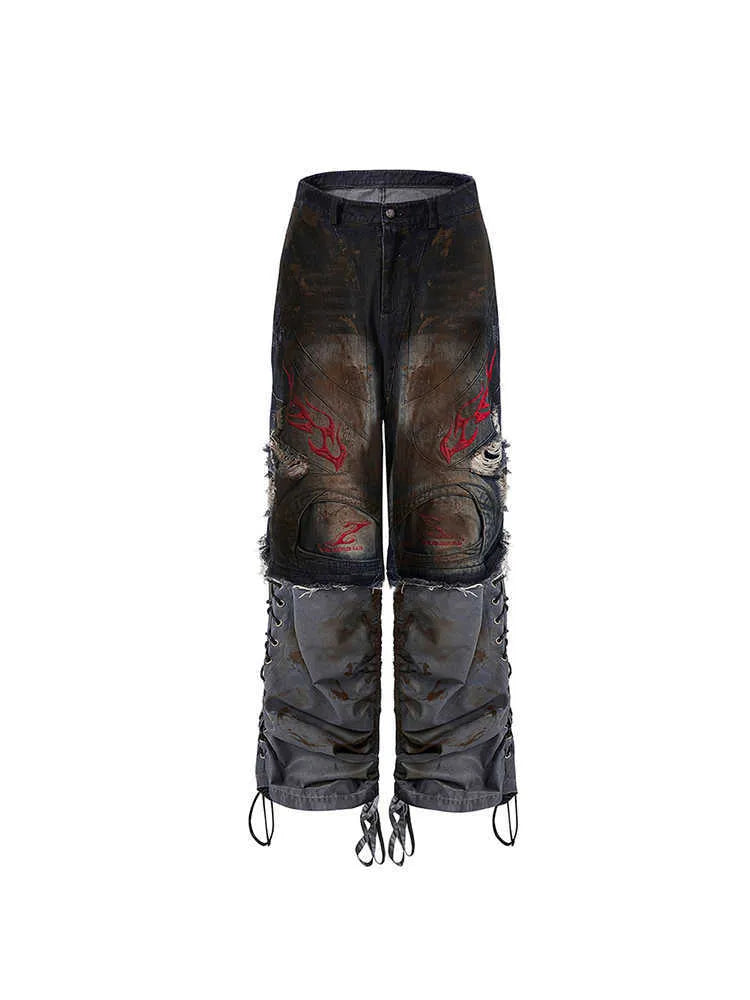 Men's retro jeans with detachable trouser legs showing wide leg denim design
