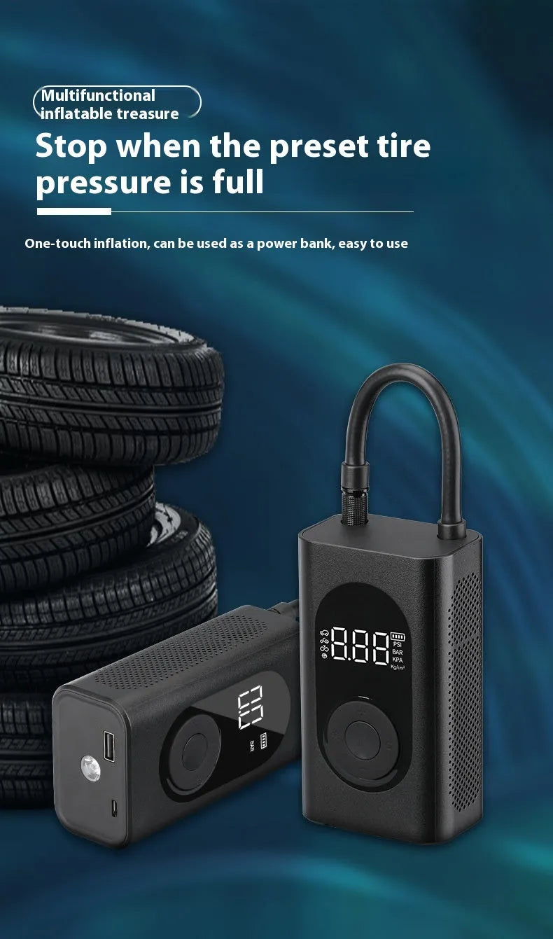Portable wireless tyre pump with power bank and torch on a black background.