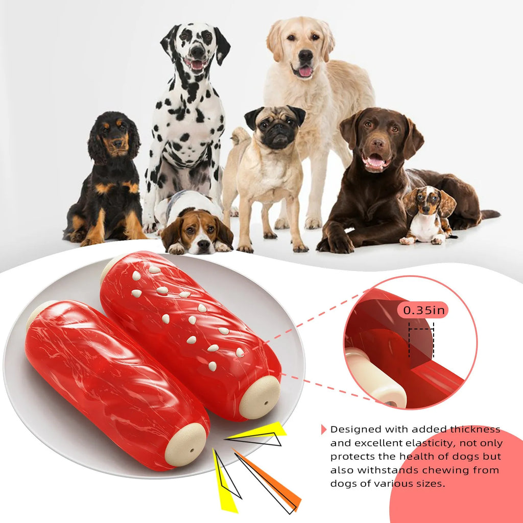 Primary colour plastic molar rod dog toy with textured surface and hollow centre.
