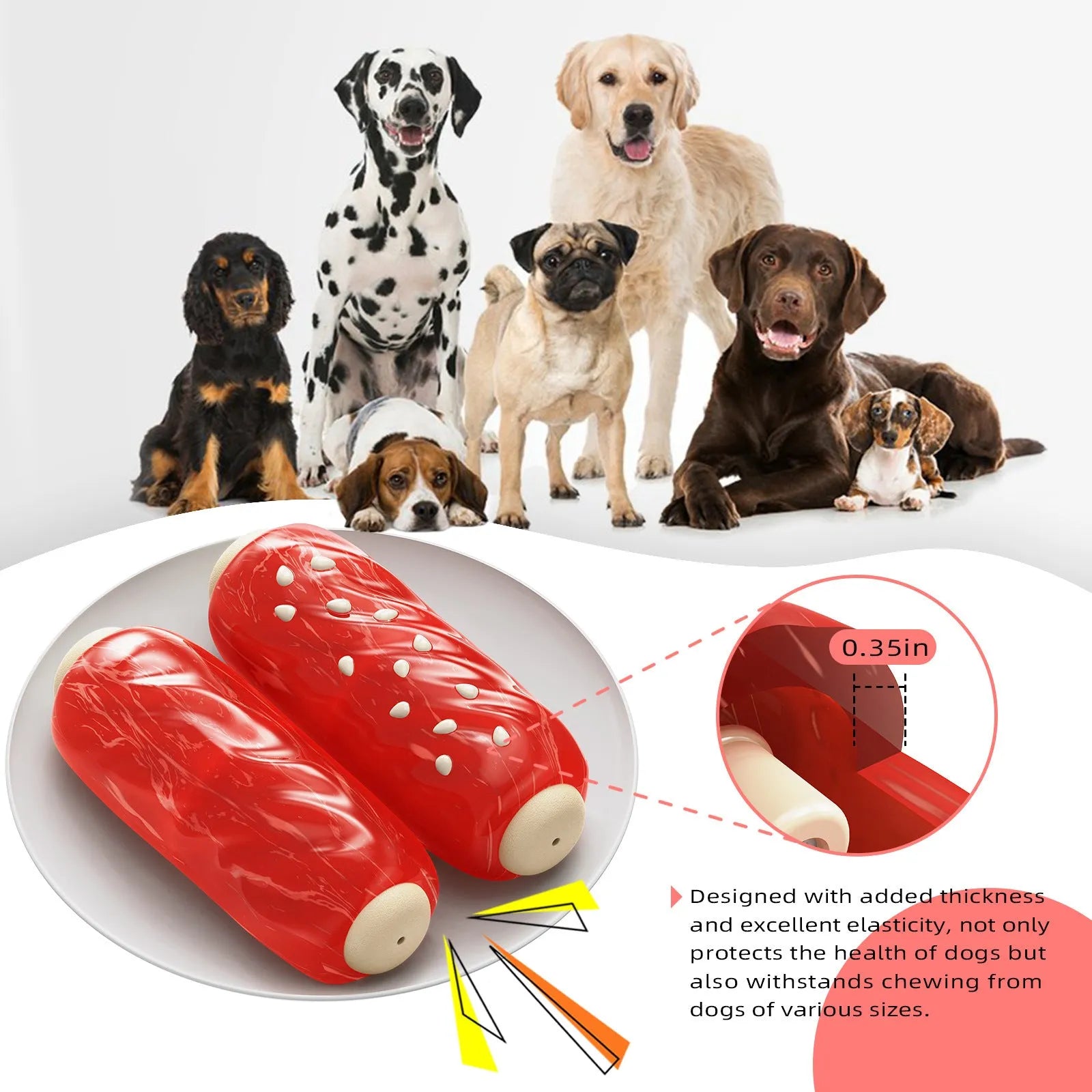 A primary-coloured plastic rod-shaped dog chew toy on a white background.