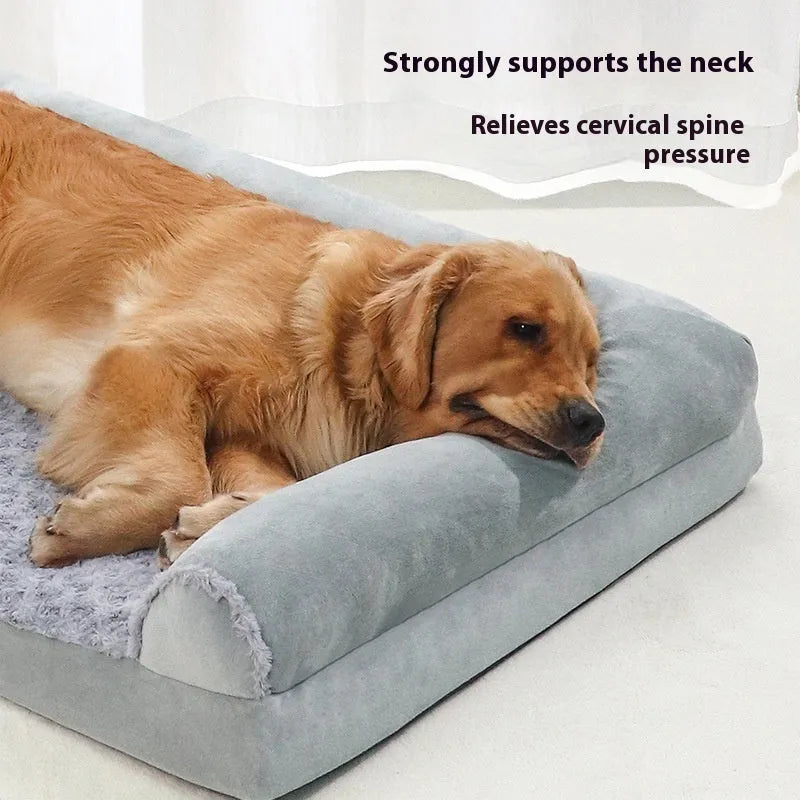 Grey soft-sided dog kennel bed with raised edges, shown in a home setting.