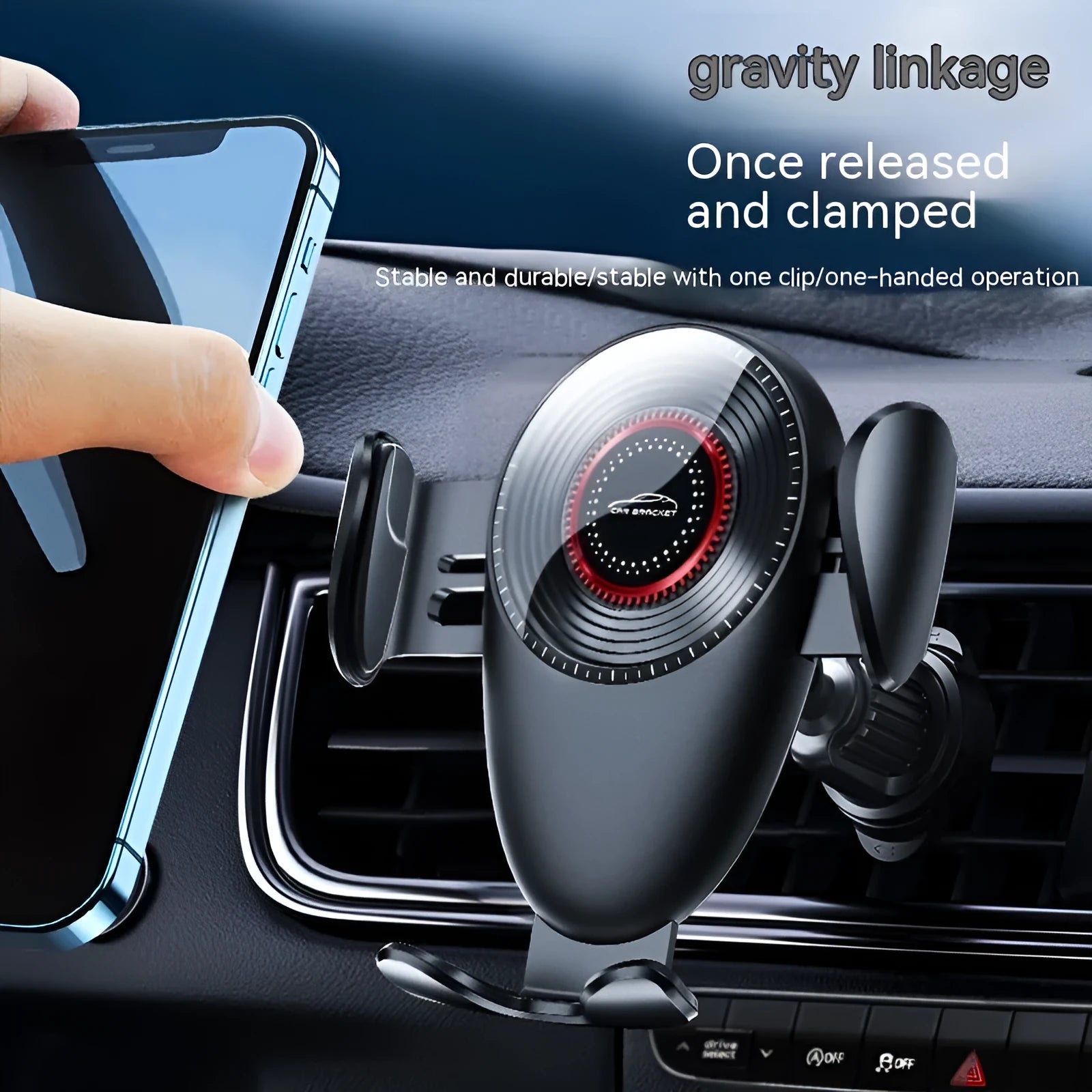 Black car air vent phone bracket with adjustable clamp arms mounted on vehicle ventilation system
