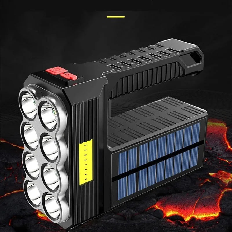 Solar rechargeable USB LED flashlight with 8 heads and side light COB, aluminium alloy body, 225g, four brightness modes