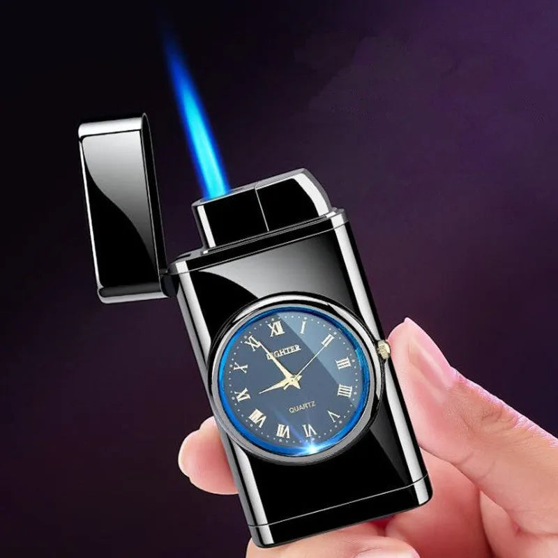 Multifunctional metal electronic watch lighter with LED flash light in various brushed and textured finishes.
