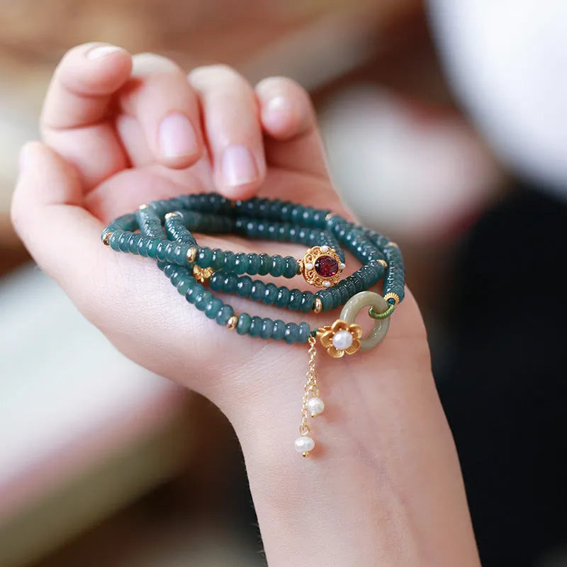 Blue water jade abacus bead bracelet with three rings of tourmaline and freshwater pearls, bead diameter under 4mm