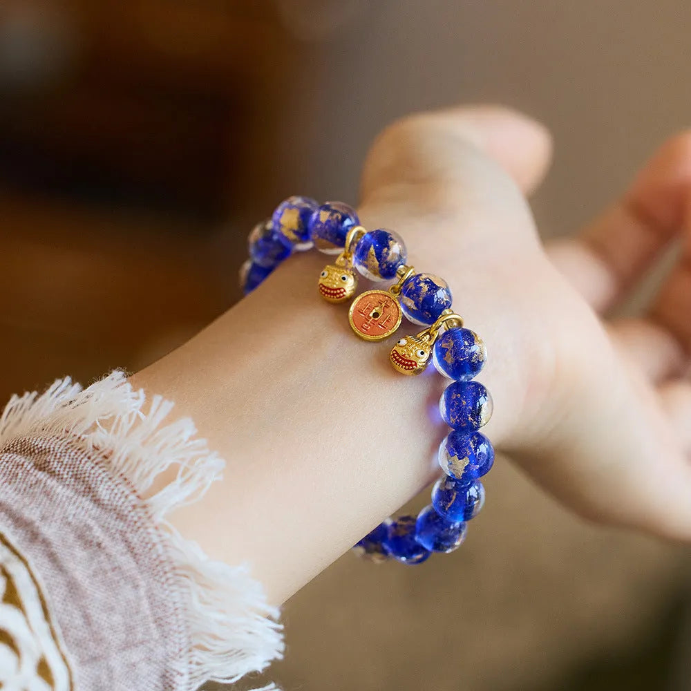 Handmade coloured glaze bracelet with gold foil swallowing gold beast pattern in seven colour options